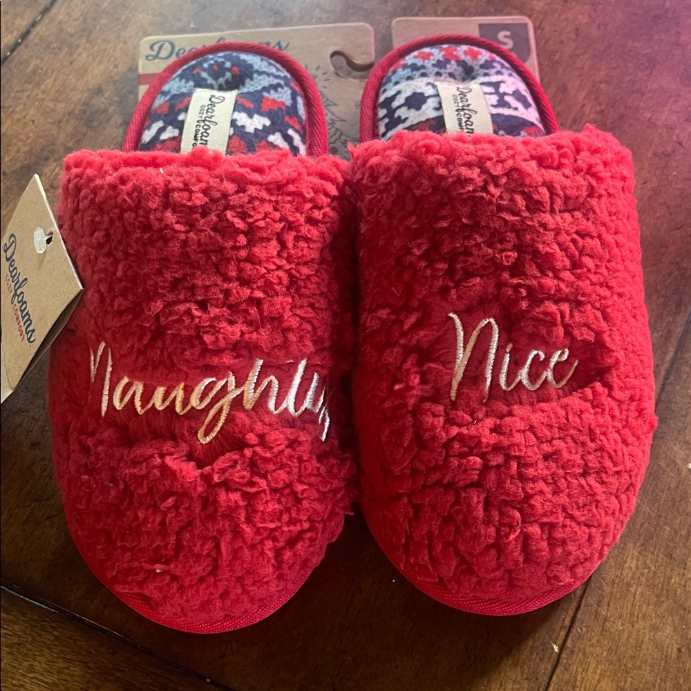 Dearfoams Red Slippers with Naughty and Nice Embroidery
